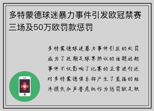 多特蒙德球迷暴力事件引发欧冠禁赛三场及50万欧罚款惩罚