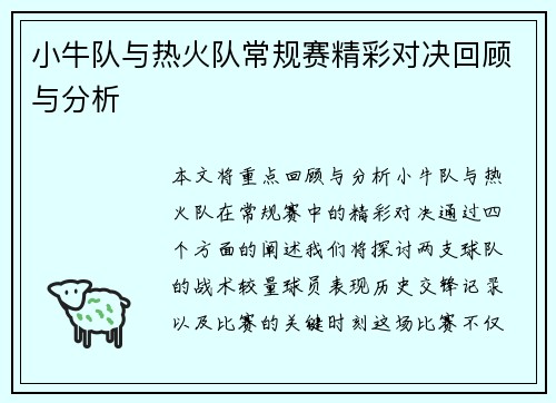 小牛队与热火队常规赛精彩对决回顾与分析